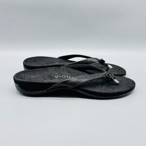 Vionic Sandals Women 7.5 Black Bella Lizard Thong Flip Flop Wedge Bow Comfort